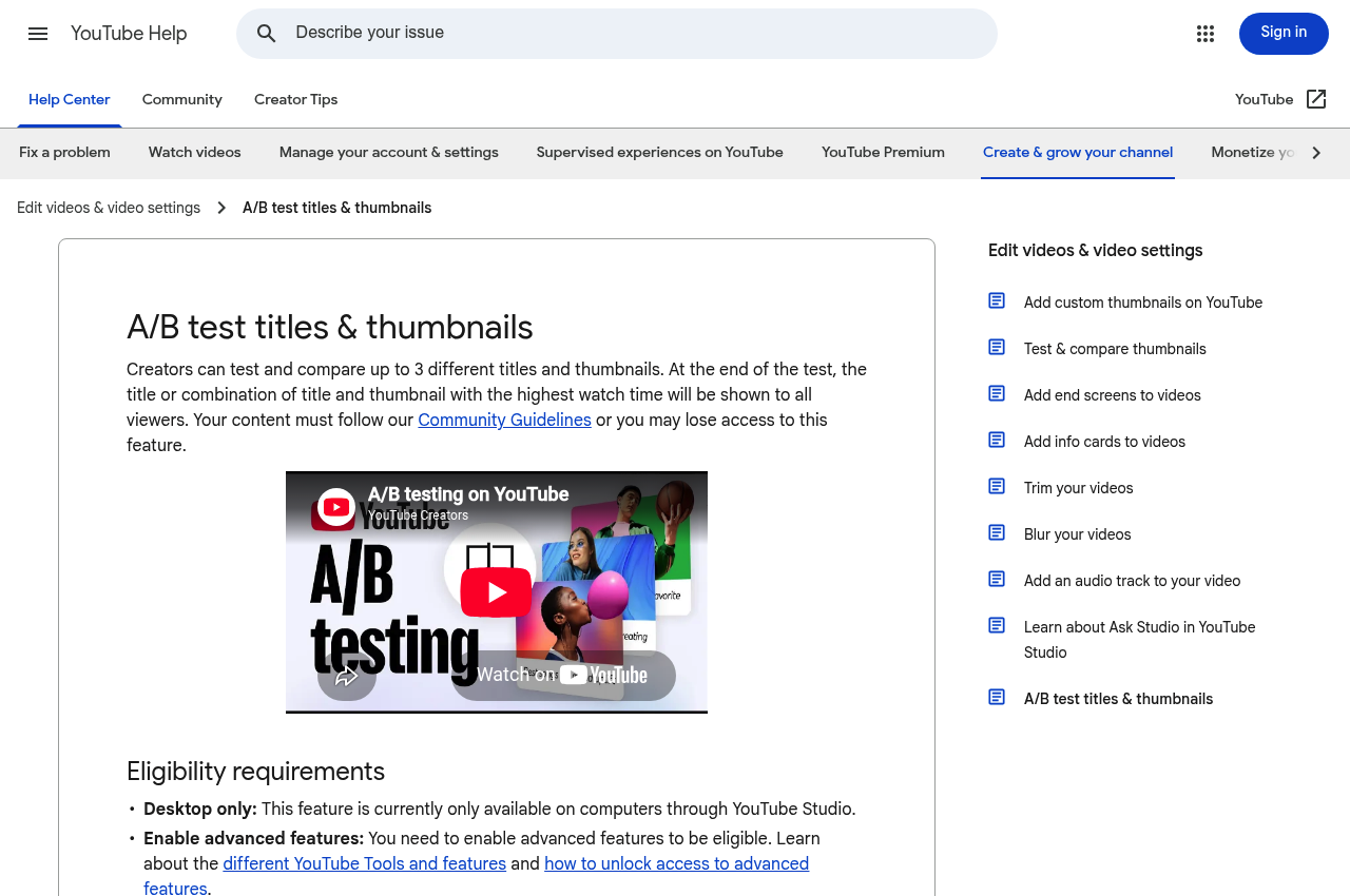 La documentation YouTube sur les tests A/B de titres et de miniatures, avec les conditions d'éligibilité et la façon dont le gagnant est désigné.