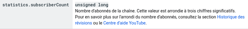 La documentation de l'API YouTube pour statistics.subscriberCount, qui indique : Nombre d'abonnés de la chaîne. Cette valeur est arrondie à trois chiffres significatifs.