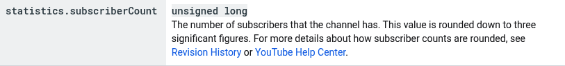 The YouTube Data API documentation for statistics.subscriberCount, reading: The number of subscribers that the channel has. This value is rounded down to three significant figures.