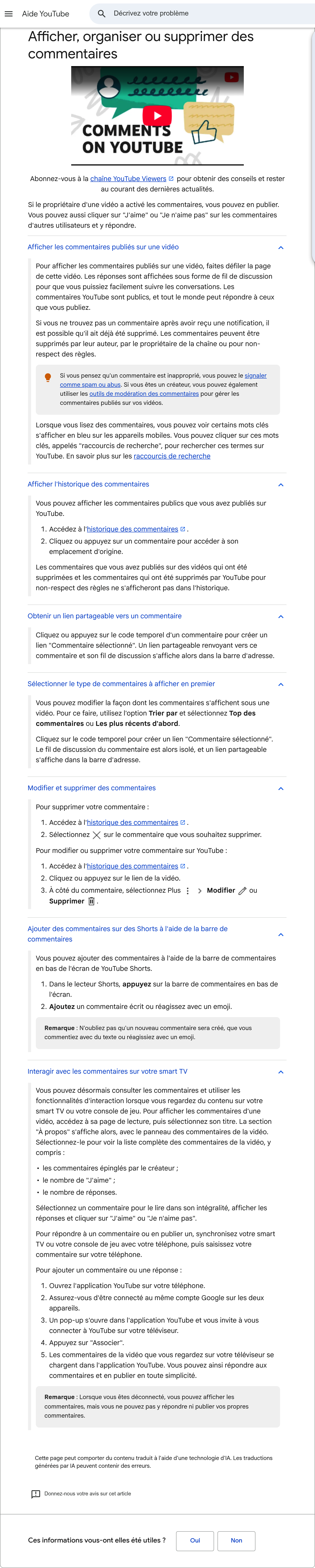 La page d'aide officielle de YouTube intitulée Afficher, organiser ou supprimer des commentaires, toutes sections dépliées, avec les étapes de l'historique et la note sur les vidéos supprimées.