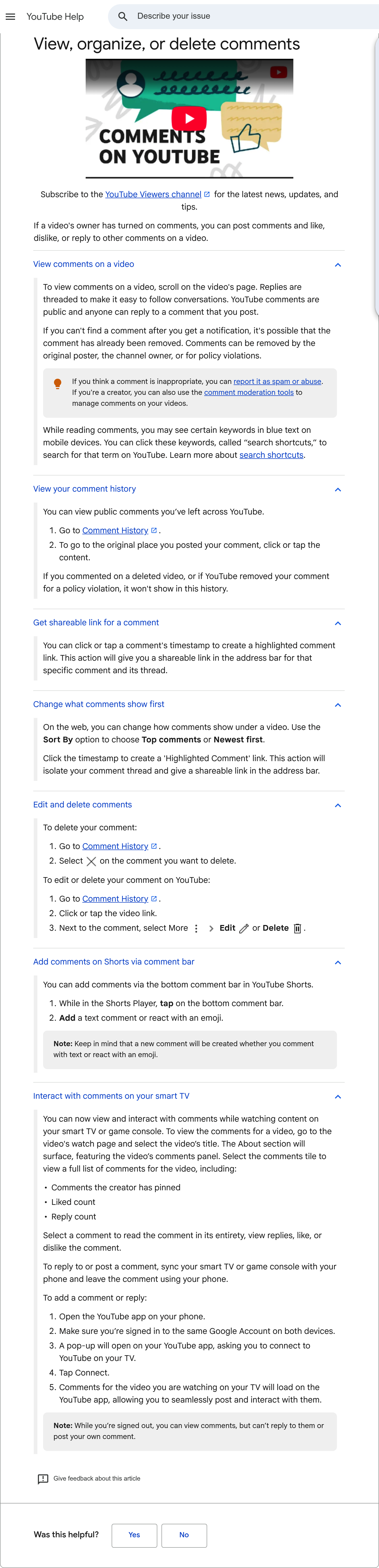YouTube's official help page titled View, organize, or delete comments, with every section expanded, showing the comment history steps and the note about deleted videos.