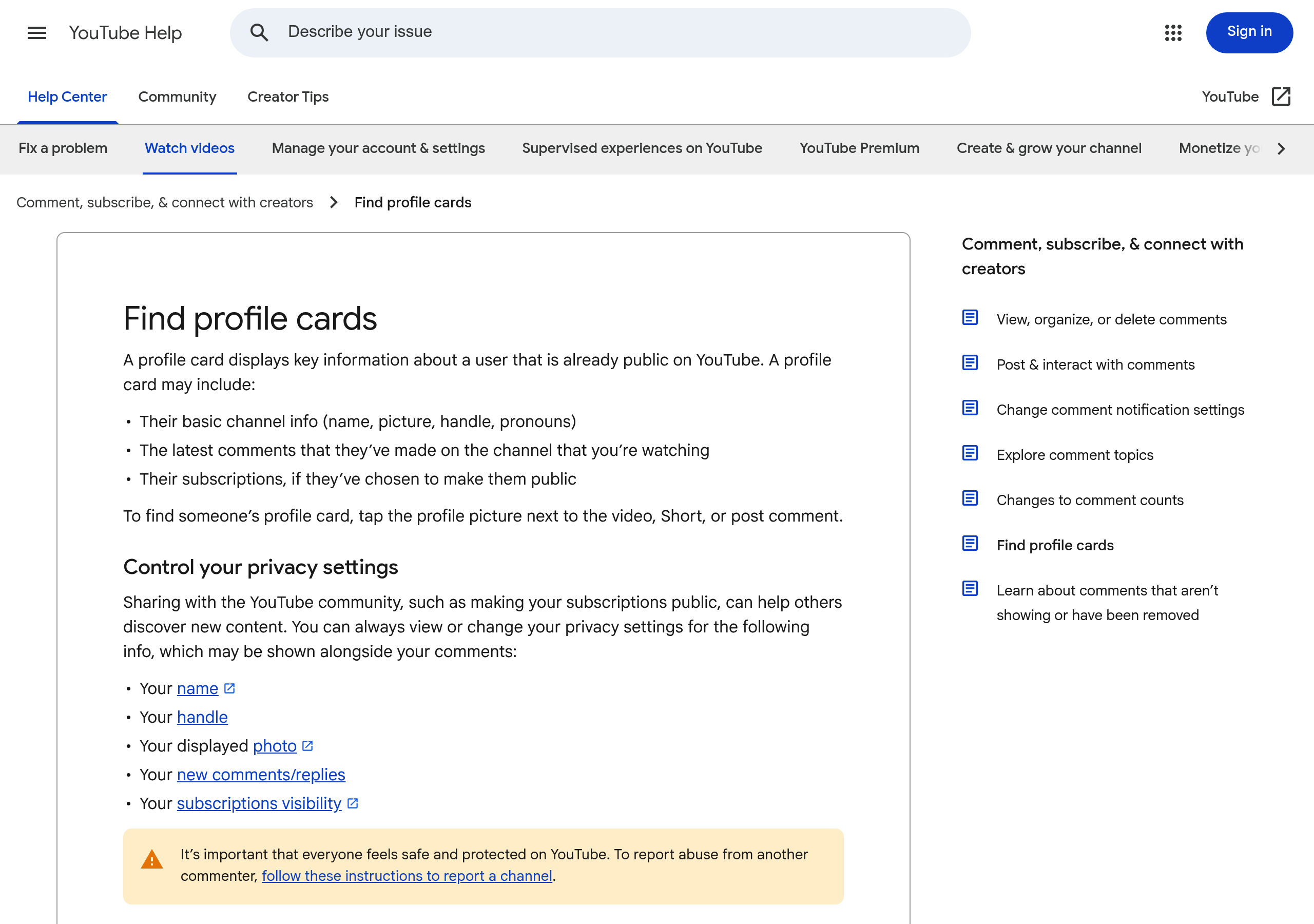 YouTube's official help page about profile cards, listing the three things a card can contain, including the person's latest comments on the channel you are watching.