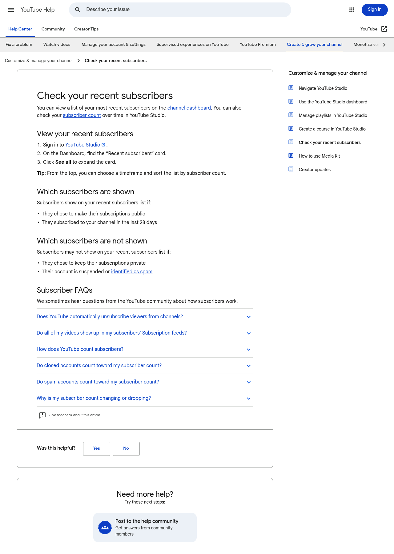 The YouTube Help page titled Check your recent subscribers, listing which subscribers are shown and which are not.