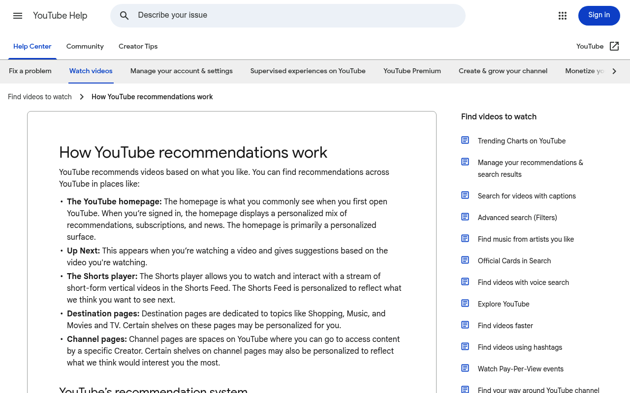 La page d'aide YouTube décrivant le fonctionnement des recommandations sur la page d'accueil, dans « À suivre », le lecteur Shorts, les pages thématiques et les pages de chaîne.