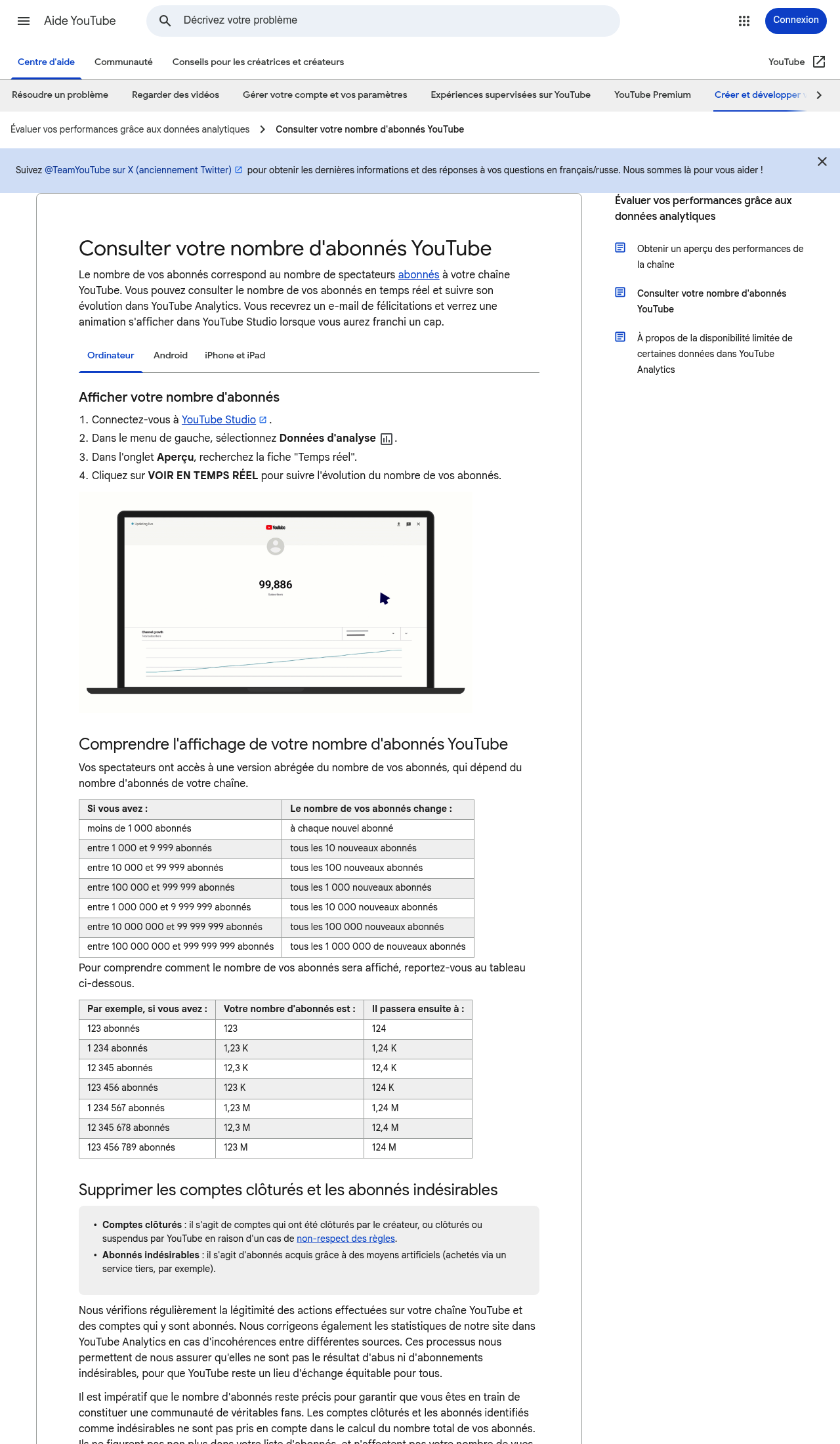 La page d'aide officielle de YouTube intitulée Consulter votre nombre d'abonnés YouTube, avec les étapes dans Studio, le tableau des paliers de mise à jour et les exemples d'affichage.