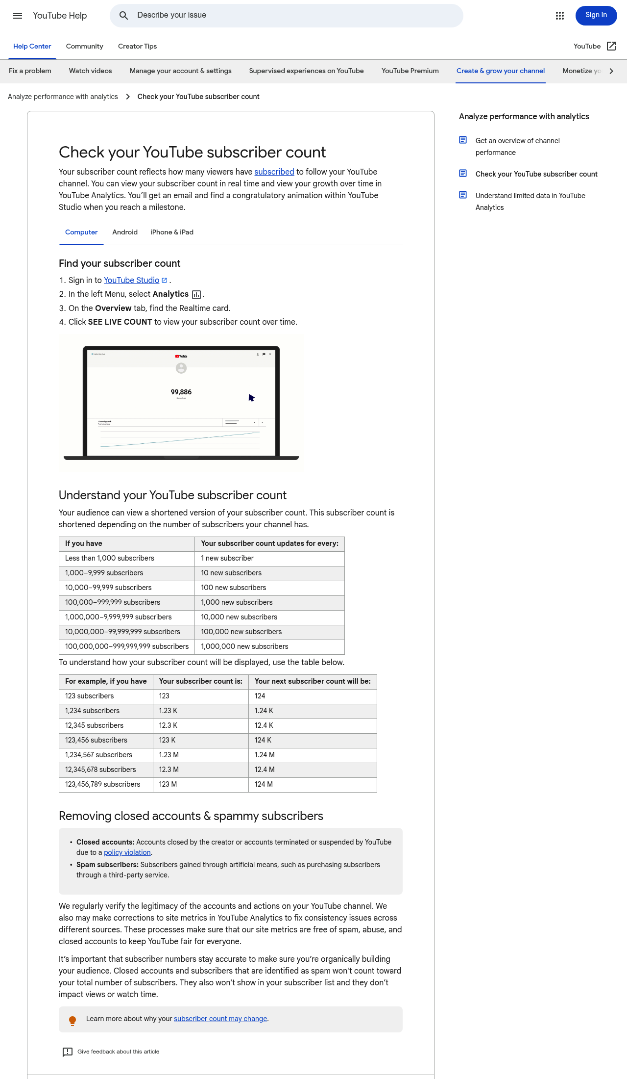 The official YouTube Help page titled Check your YouTube subscriber count, showing the steps in YouTube Studio, the table of update thresholds, and the display examples.