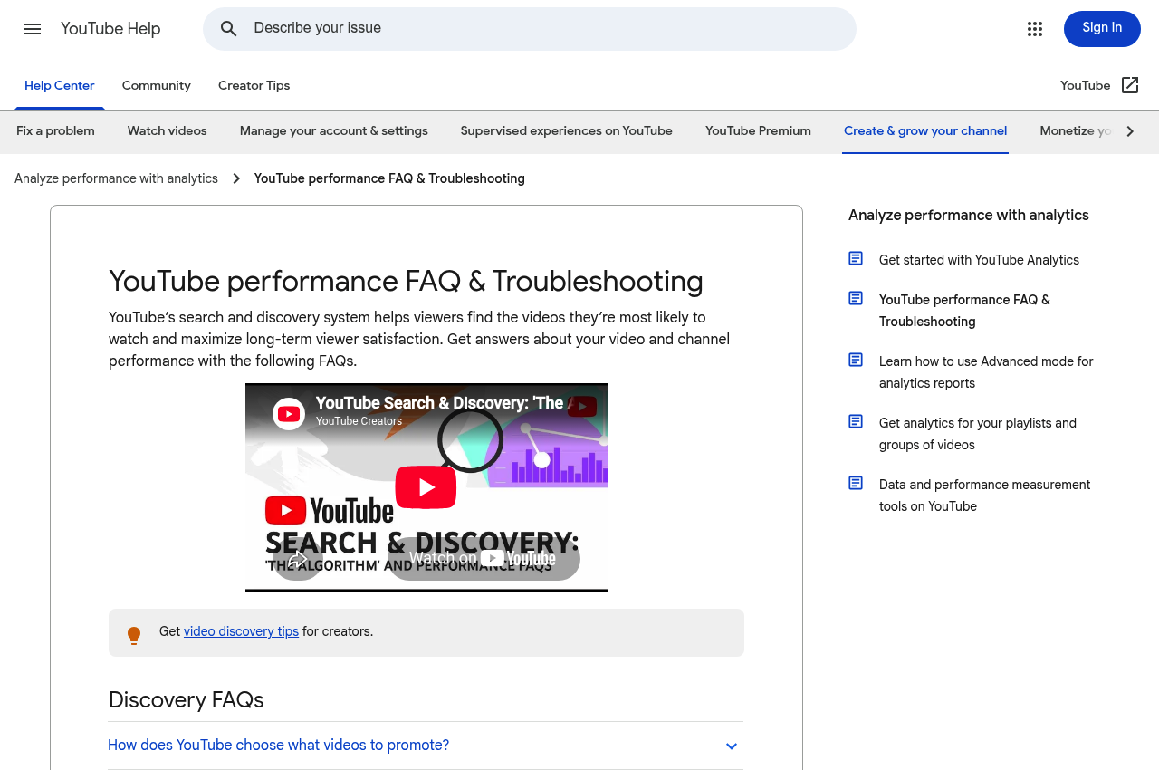La page d'aide YouTube sur la découverte, qui traite de la fréquence de publication, de l'heure de mise en ligne et des tags.