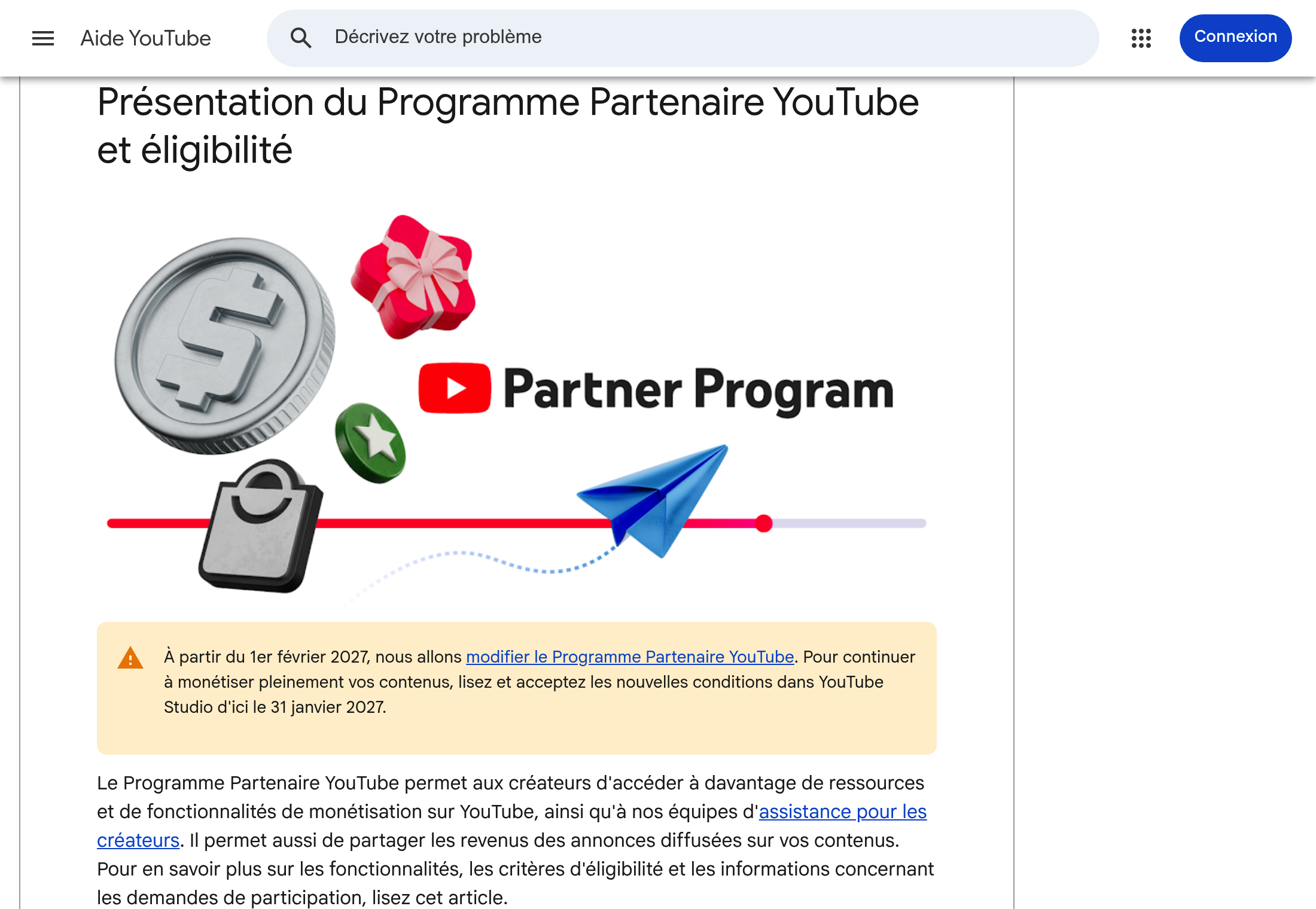 La page d'aide officielle du Programme Partenaire YouTube, avec le bandeau annonçant les changements à partir du 1er février 2027 et la date limite du 31 janvier 2027 pour accepter les nouvelles conditions.