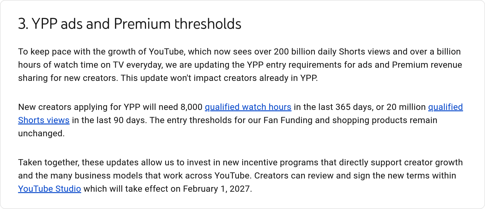 The "YPP ads and Premium thresholds" section of YouTube's official blog post of 10 August 2026, stating the 8,000 watch hours and 20 million Shorts views thresholds for new creators.