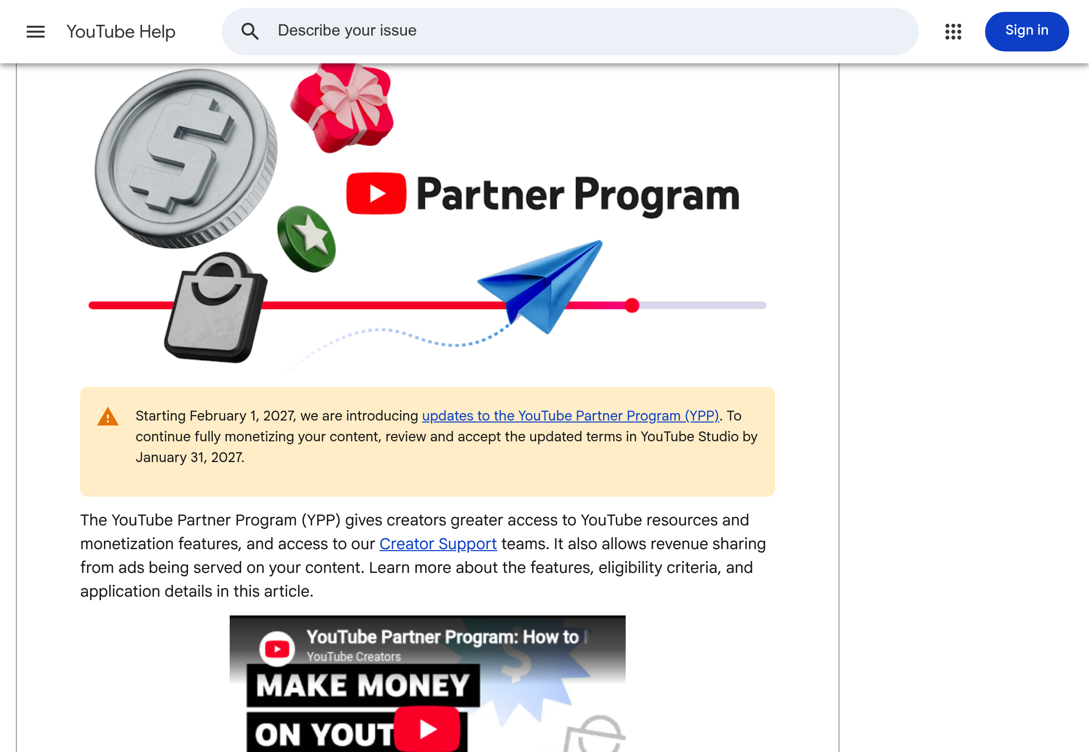 YouTube's official Partner Program help page, showing the banner announcing changes from 1 February 2027 and the 31 January 2027 deadline to accept the updated terms.